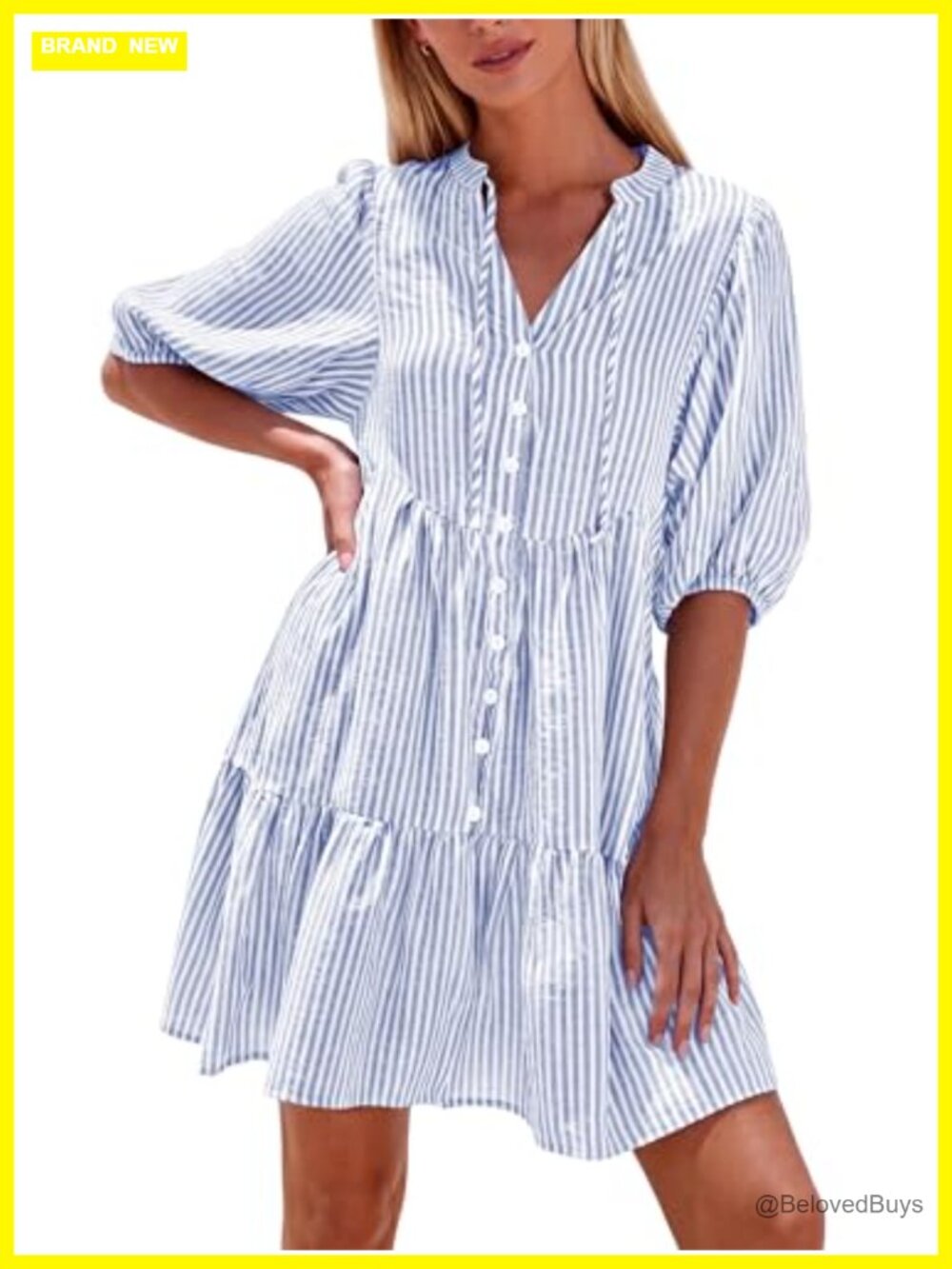 Women Summer Striped Mini Dress V-Neck Puff Sleeve Casual Beach